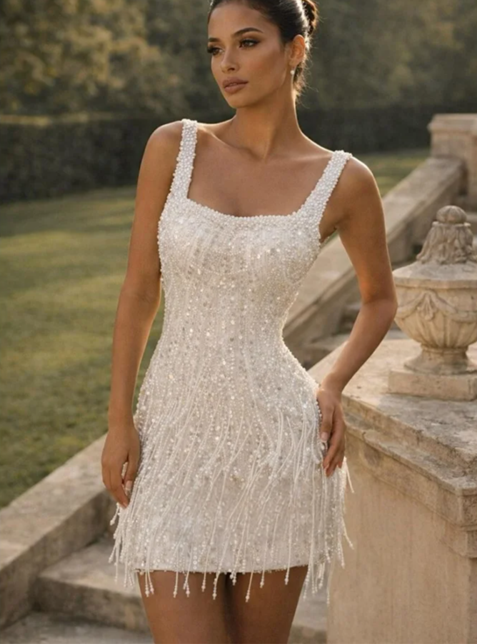 Custom Beaded Tassel Mini Dress – Square Neck Bridal After-Party