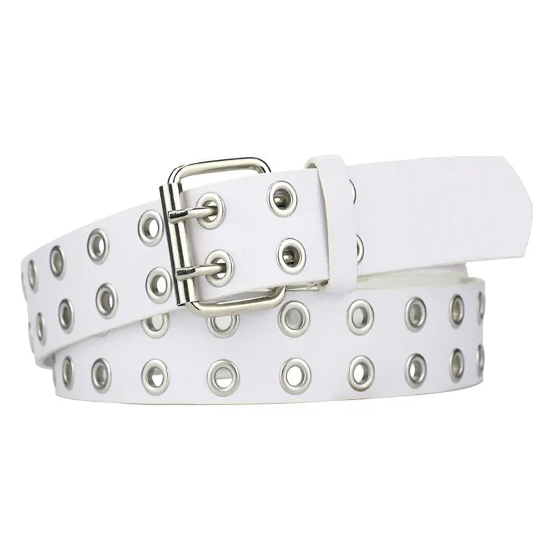 White grunge belt with brand detail and hardware close-up