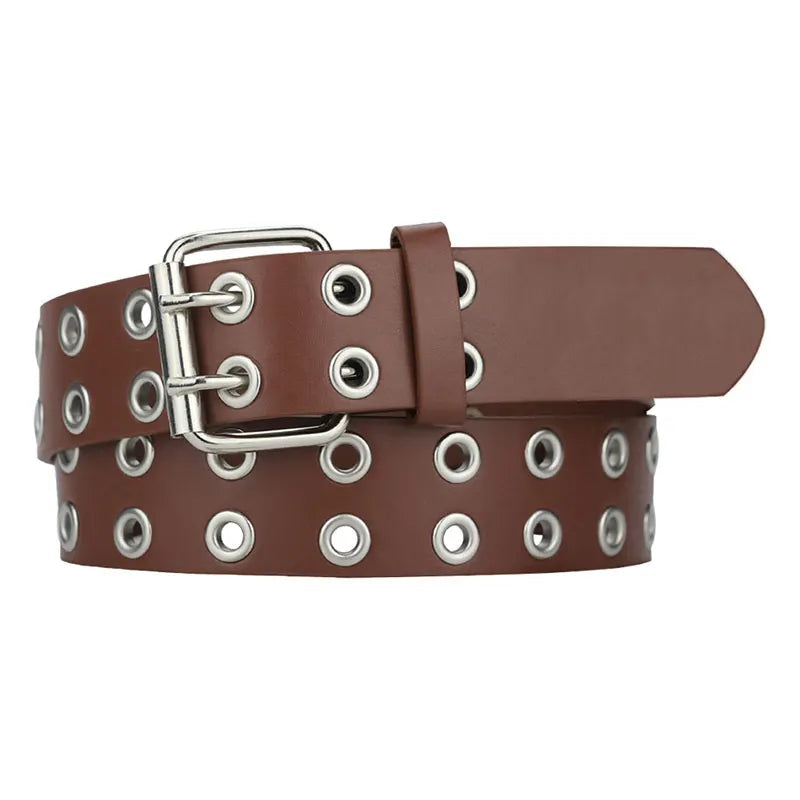 Brown grunge belt with silver eyelets and buckle detail