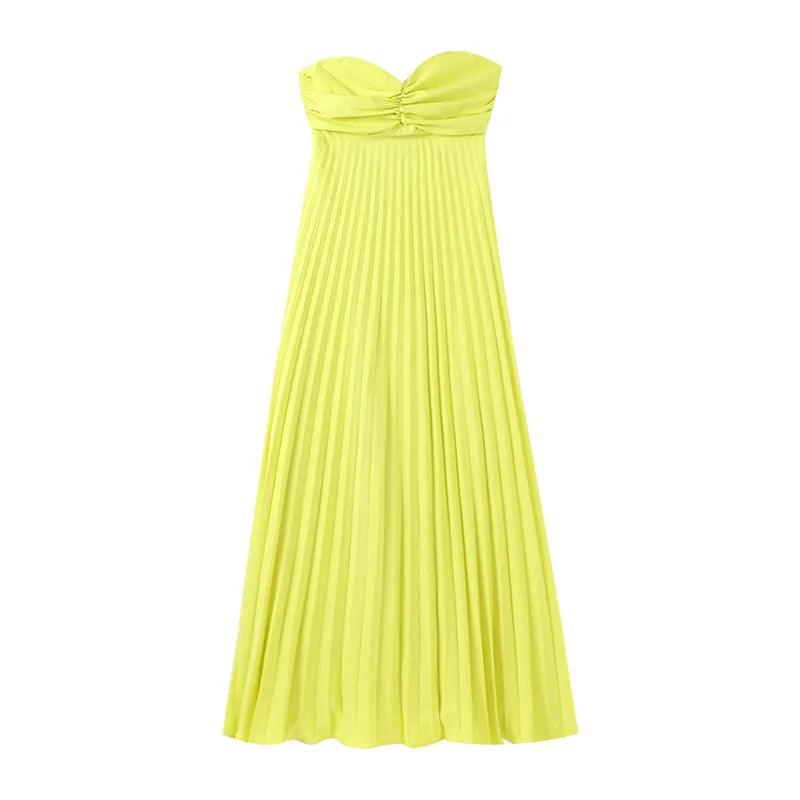 Sage Strapless Pleated Dress — dresses in yellow strapless neckline — close-up detail