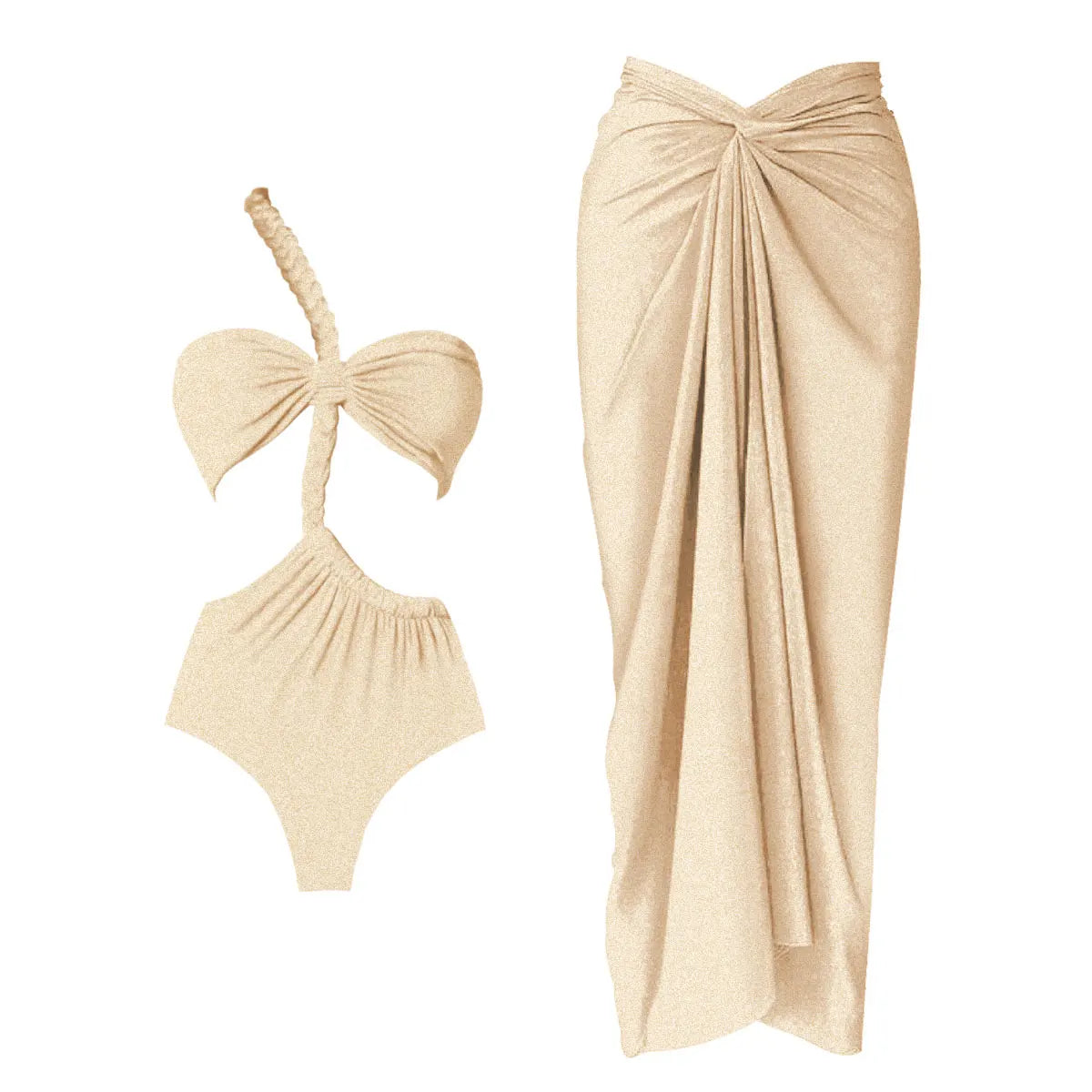 One Shoulder Ruffle Bikini Set - Beige