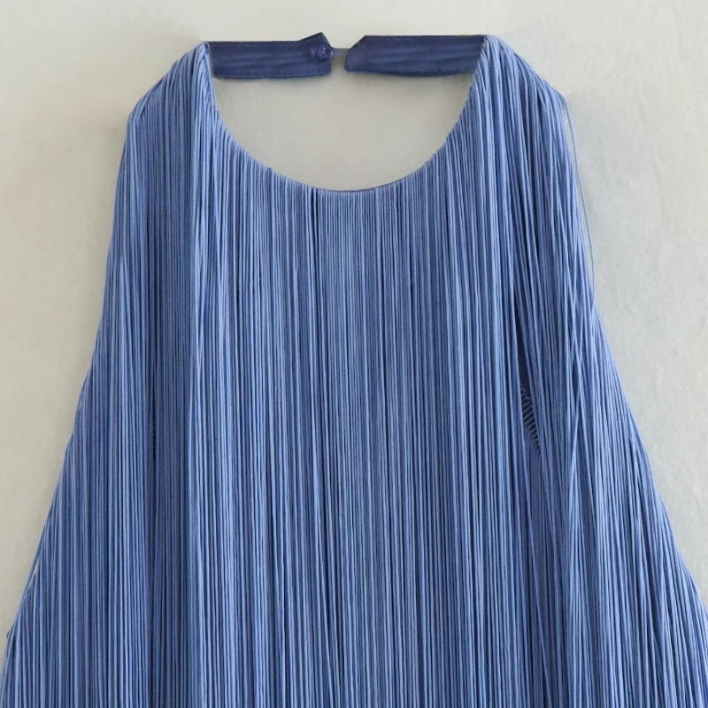 Mariela Backless Tassel Dress in blue – fabric and silhouette detail