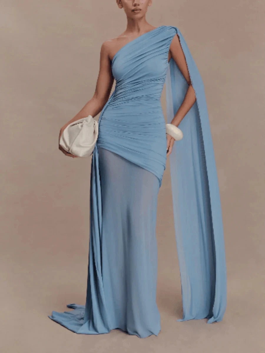 Amy One Shoulder Sheer Cape Dress – wine – sheer finish
