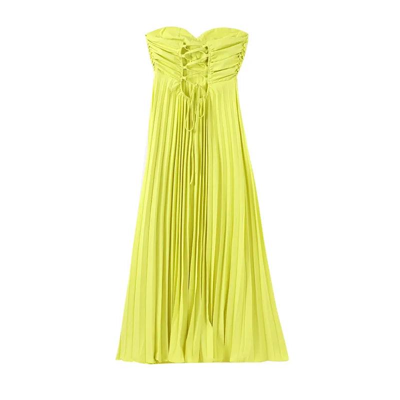 Sage Strapless Pleated Dress — dresses in yellow strapless neckline — additional view