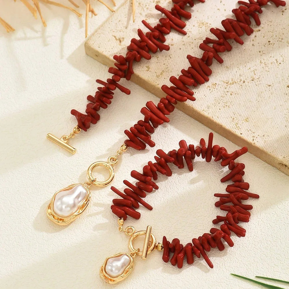 Red Coral and Faux Pearl Set