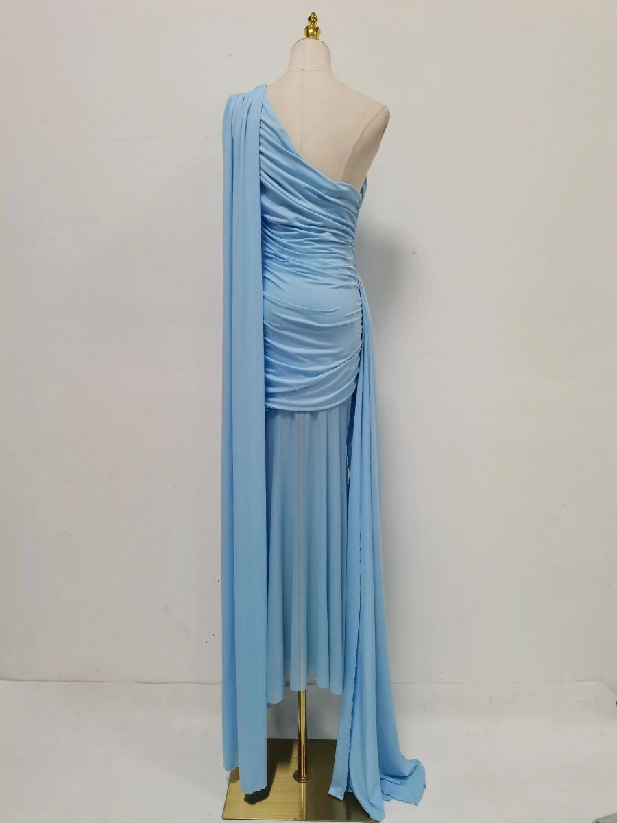Amy One Shoulder Sheer Cape Dress – wine – sheer finish
