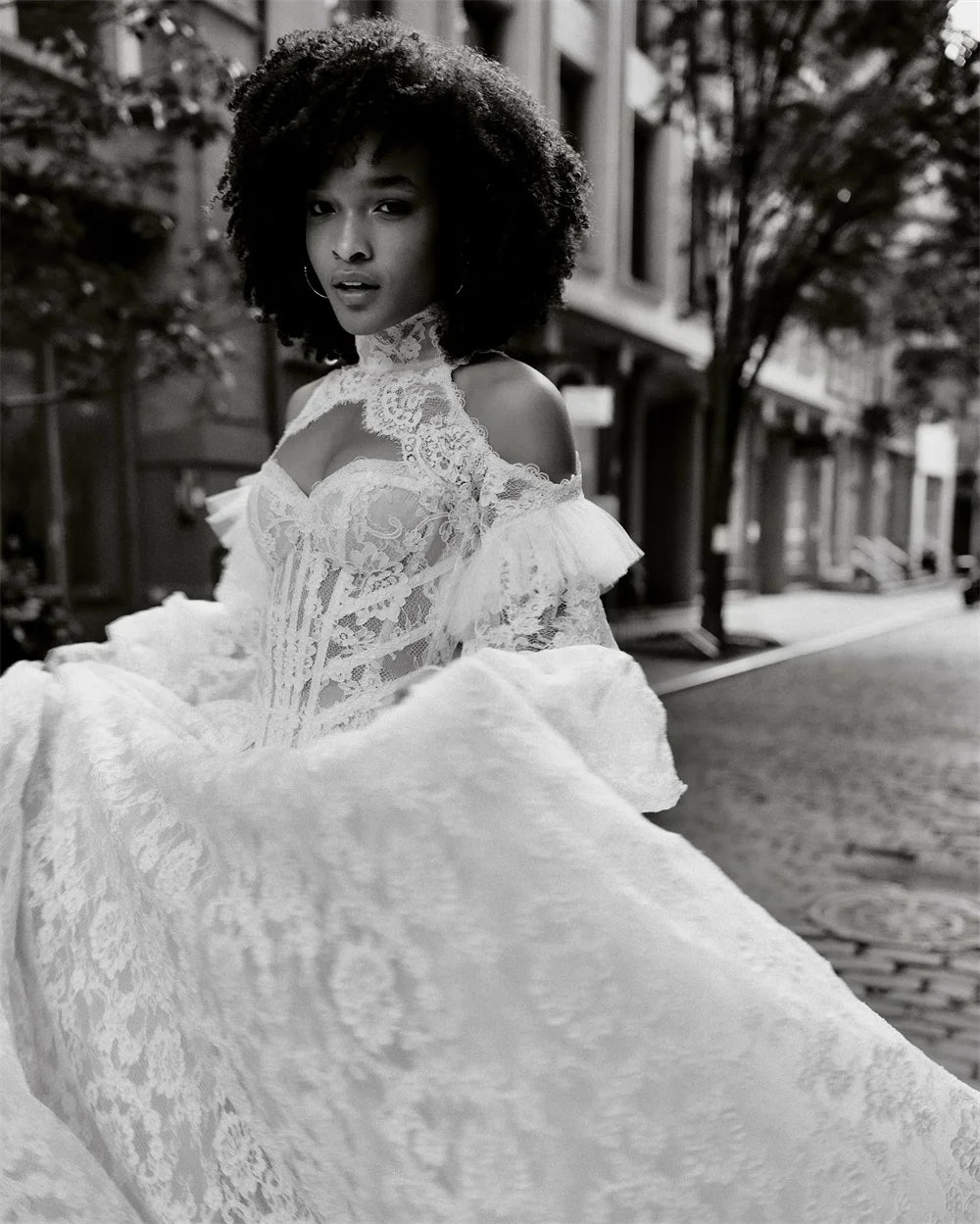 Seraphine Puff-Sleeve Lace A-Line Bridal Gown — wedding dresses in white lace detail — additional view