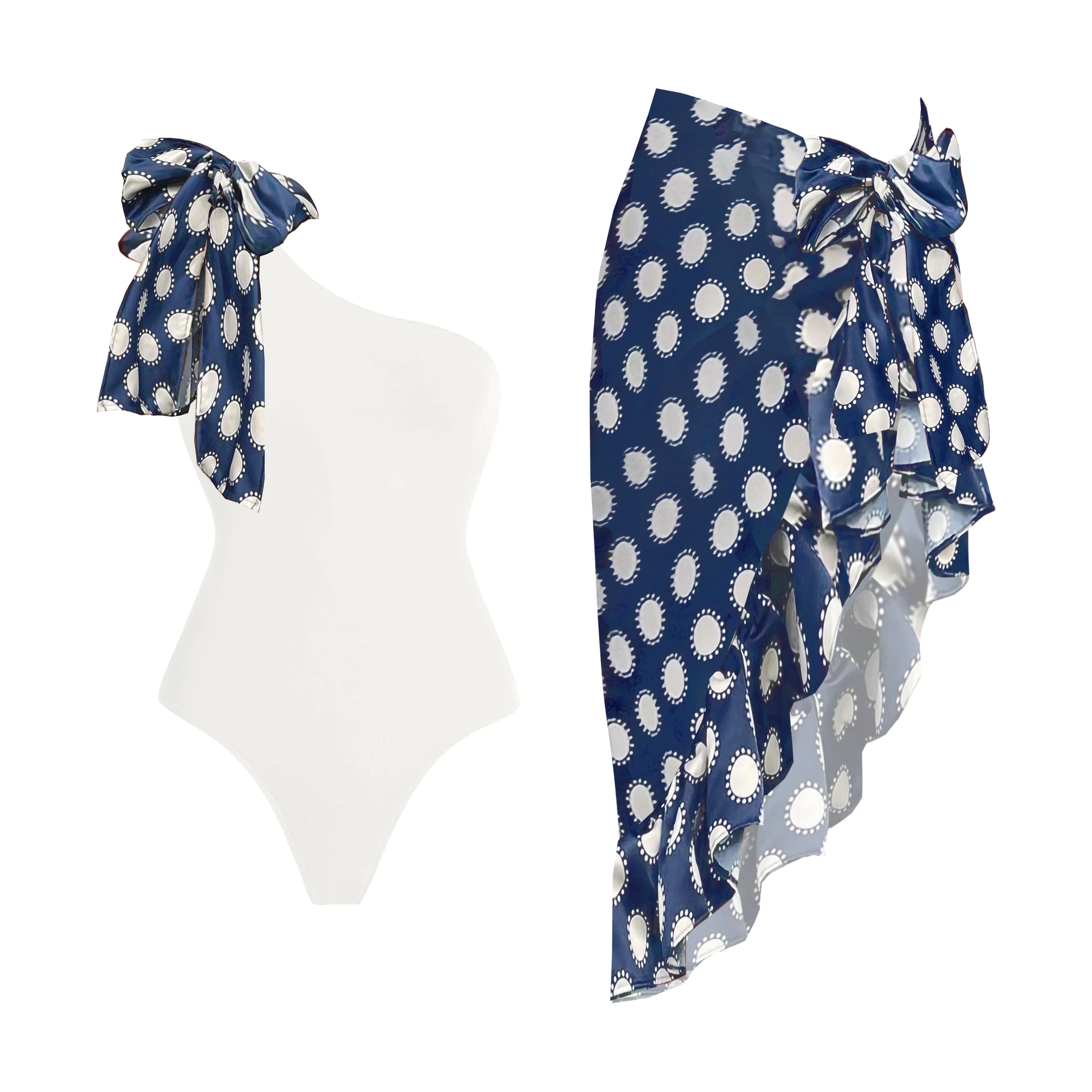 Polka Dot Swimsuit & Wrap Skirt Set – white – resort swimwear style