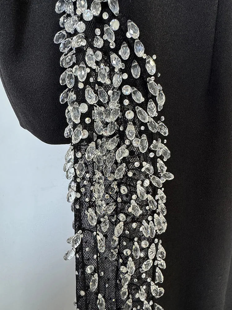 Nadia Crystal Beaded Slit Dress – black – beaded detail