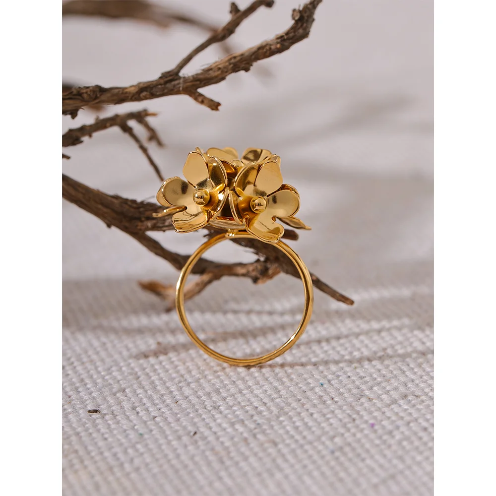 Gold Plated Flower Adjustable Ring — rings in gold — back view
