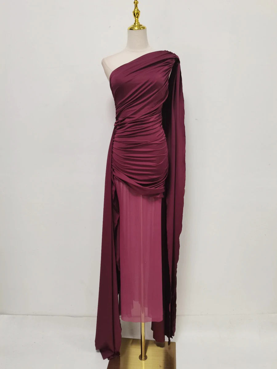 Amy One Shoulder Sheer Cape Dress – wine – sheer finish