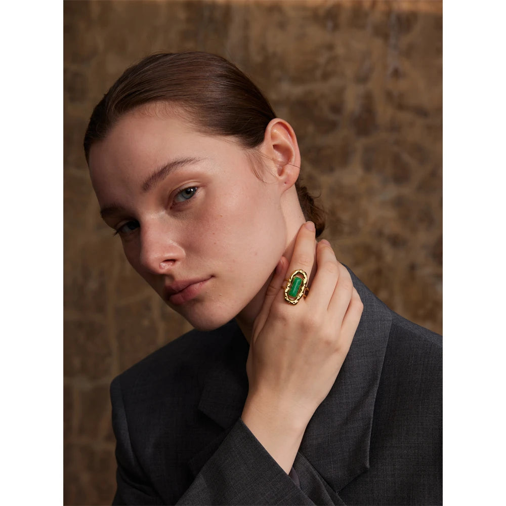 Green Agate Cuff Ring 18K Plated — rings in green — front view