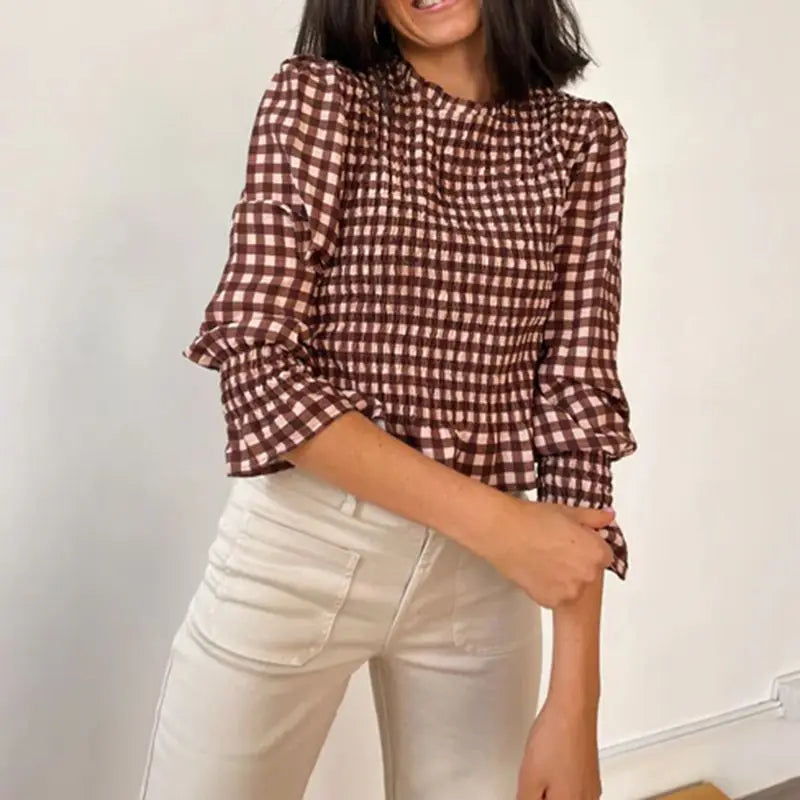 Tatiana Smocked Plaid Blouse — shirts & tops in white — main view