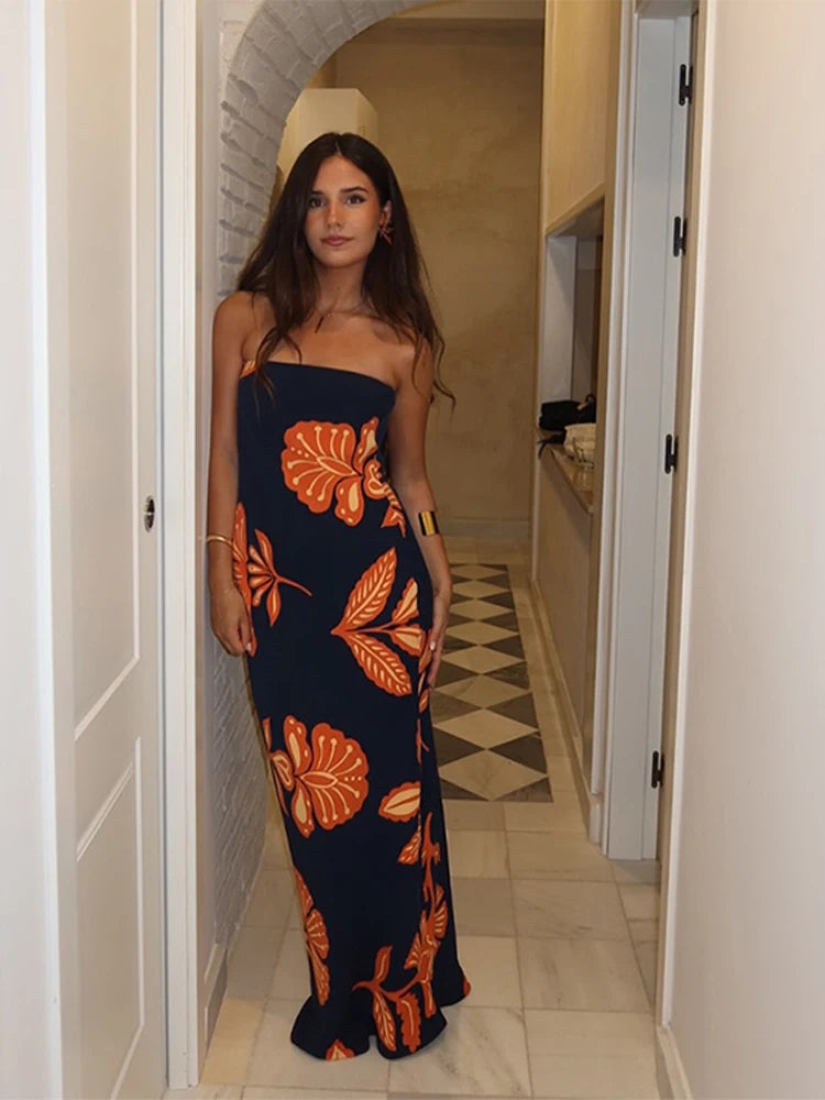 Strapless Tropical Long Dress — dresses in navy strapless neckline — close-up detail