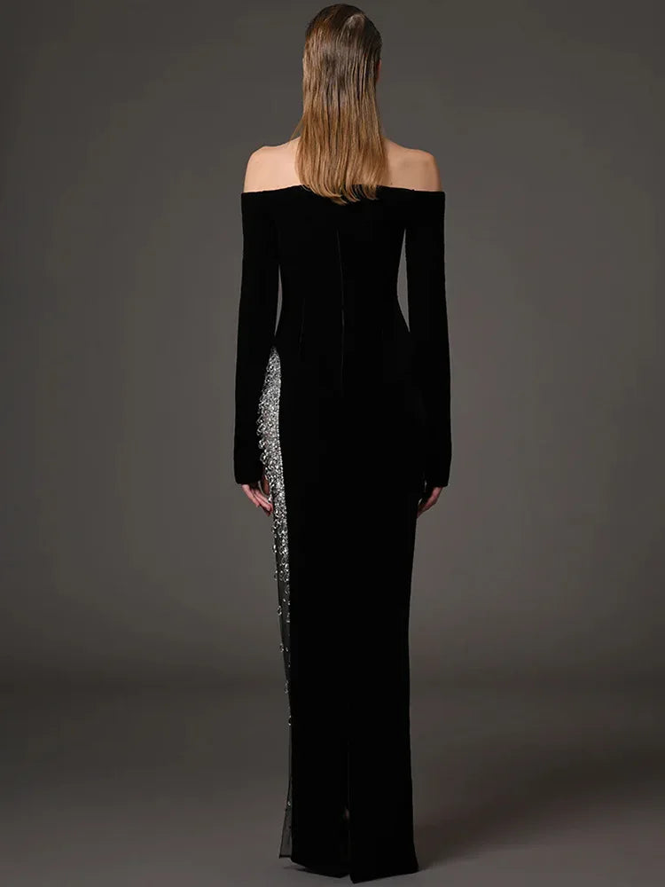 Nadia Crystal Beaded Slit Dress – black – beaded detail
