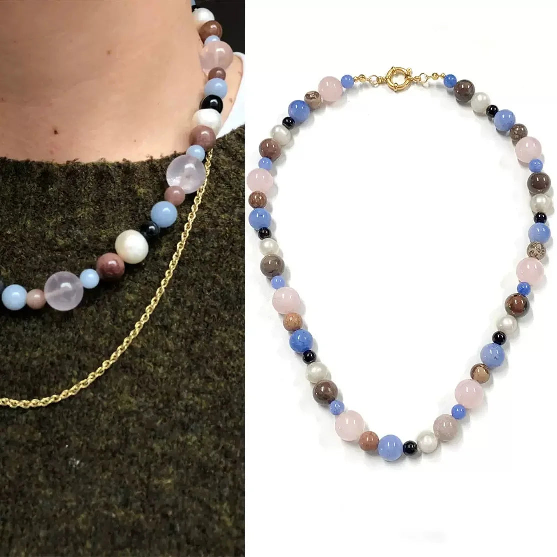 Ocean Natural Stone Sweater Necklace in blue