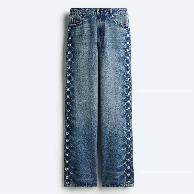 Beaded Wide Leg Straight Denim