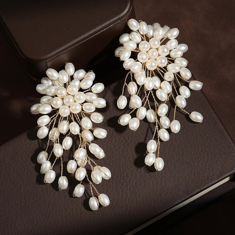 Flower Faux Pearls Earrings — earrings in pearl beaded detail — front view