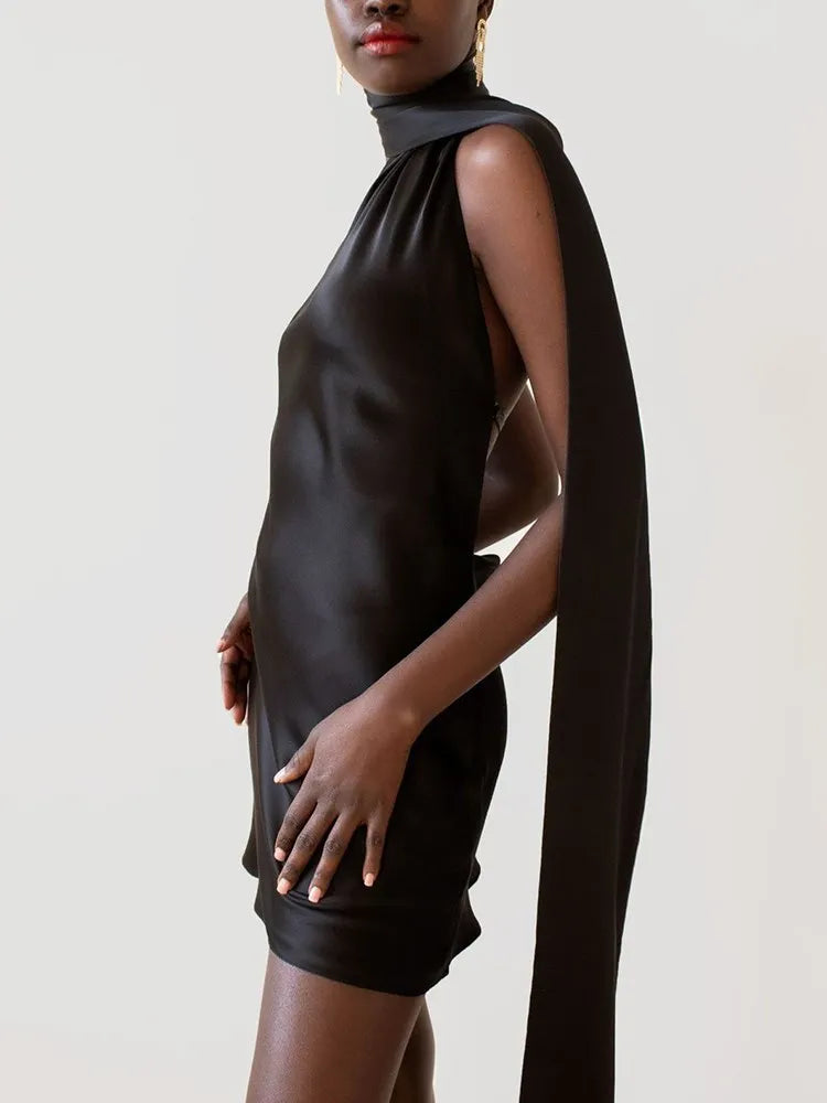 Tatiana Backless Satin Mini Dress – black – open-back detail