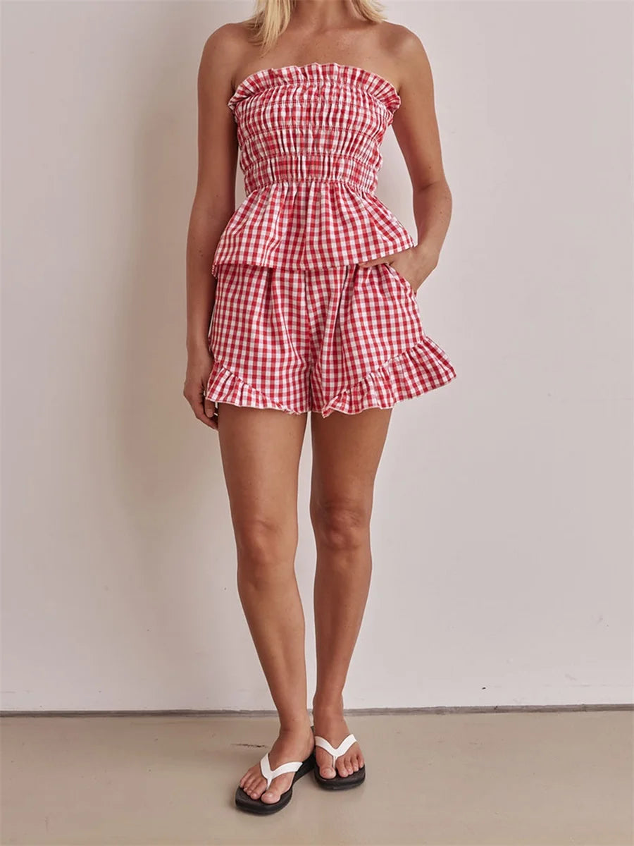 Picnic Plaid Off-Shoulder and Ruffled Set