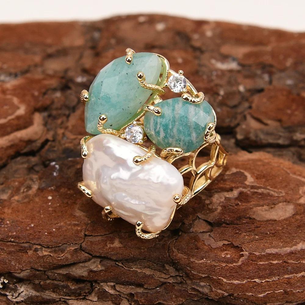 Pearl & Amazonite Adjustable Ring