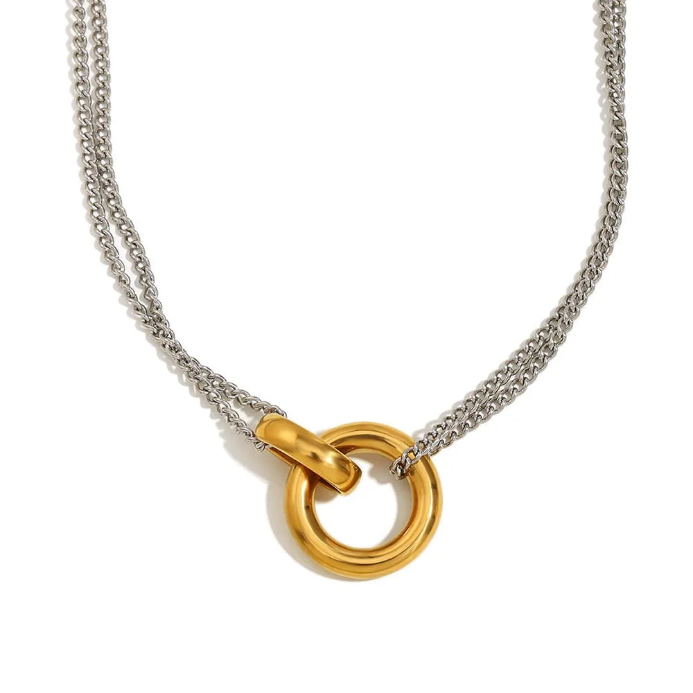 Necklace with a gold clasp on a white background.