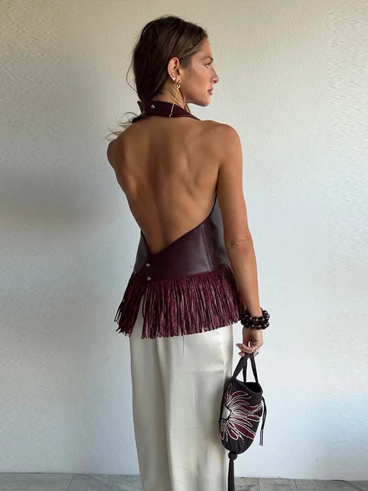 Lucy Faux Leather Fringe Halter Top – wine – fringe detail