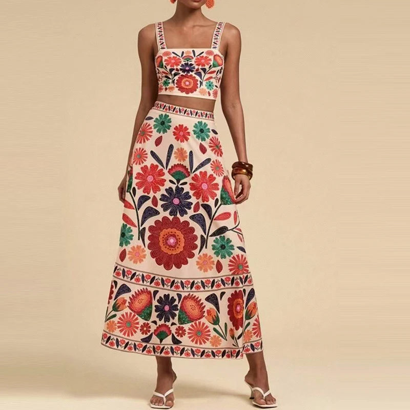Flower Tropical Tank Top and Skirt Set
