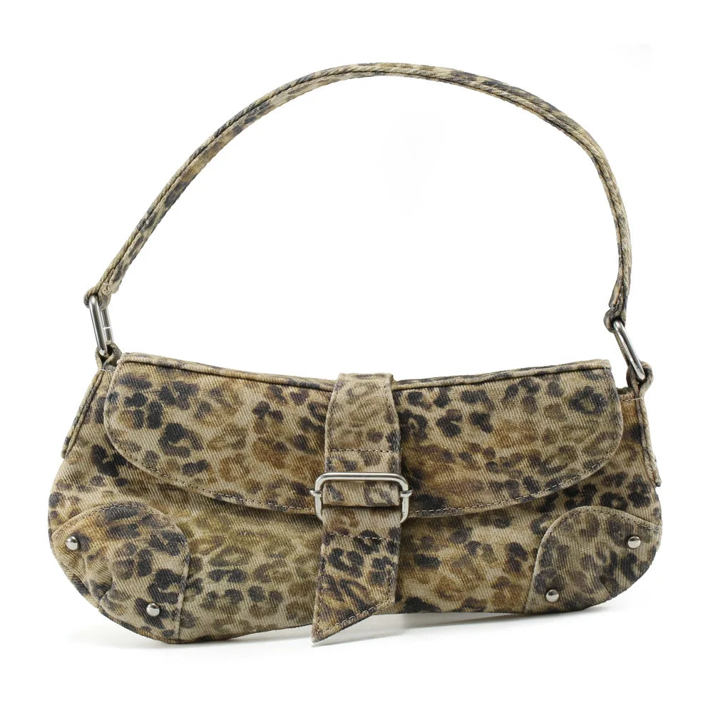 Leopard print handbag with a strap on a white background