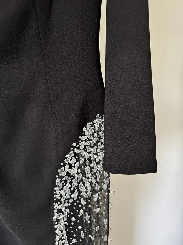 Nadia Crystal Beaded Slit Dress – black – beaded detail