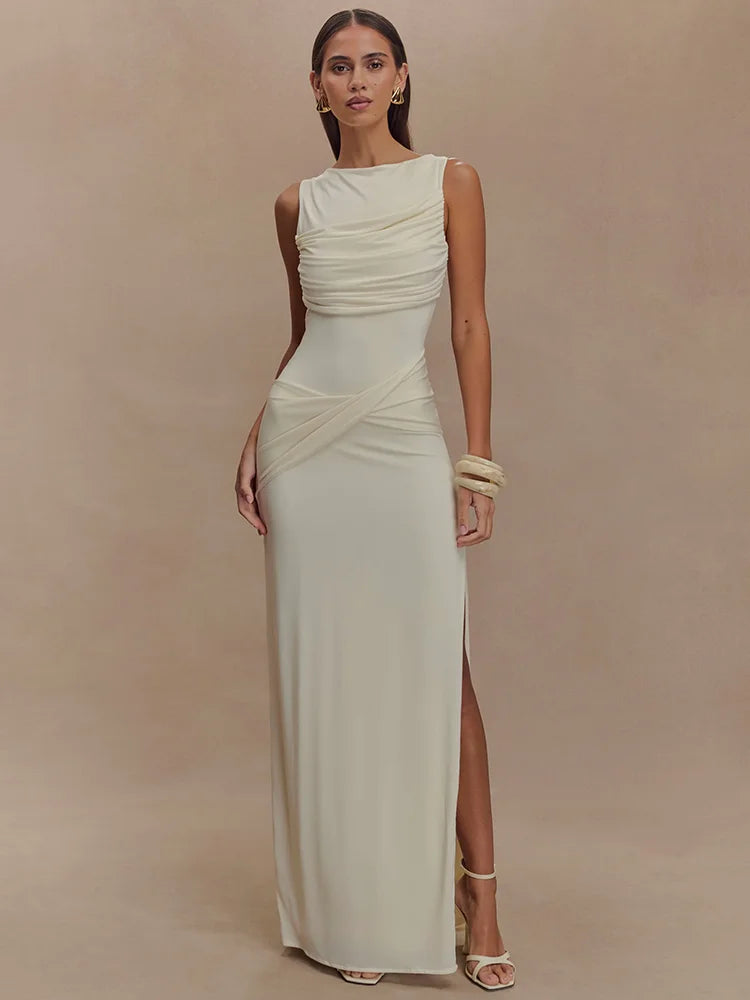 Paola Backless Ruched Dress – white – backless
