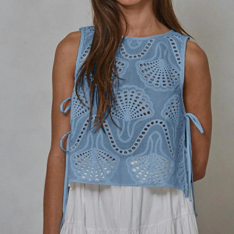 Lola Eyelet Side Bow Tied Top — shirts & tops in black — additional view