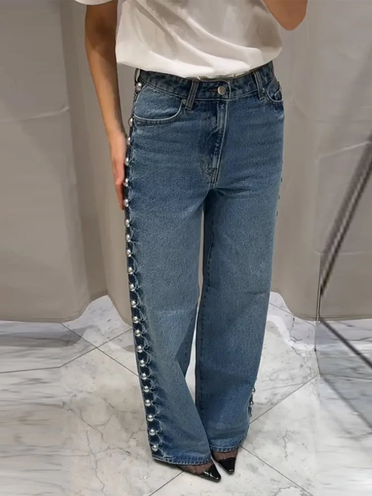 Beaded Wide Leg Straight Denim