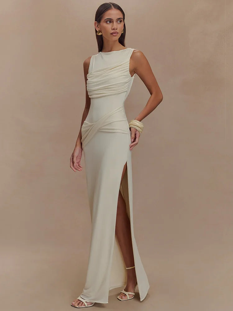 Paola Backless Ruched Dress – white – backless