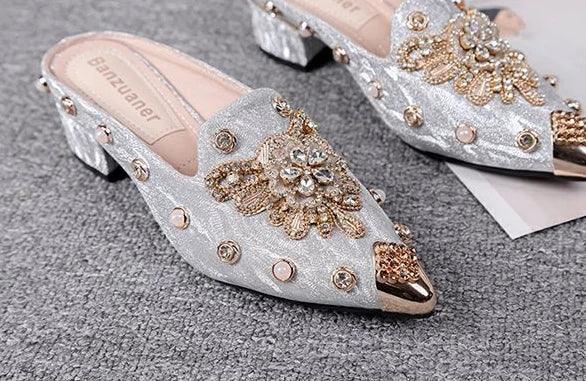 Erika Beaded Mules — shoes in silver beaded detail — close-up detail