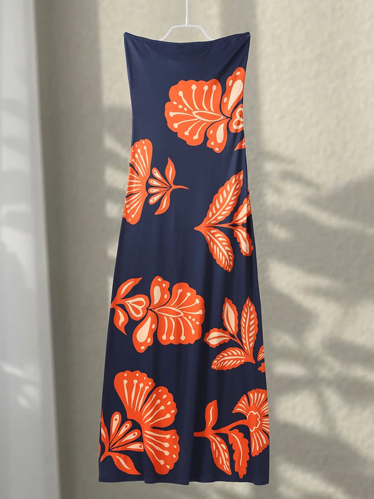 Strapless Tropical Long Dress — dresses in navy strapless neckline — front view