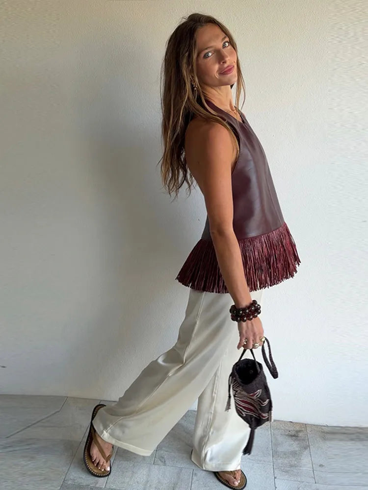 Lucy Faux Leather Fringe Halter Top – wine – fringe detail