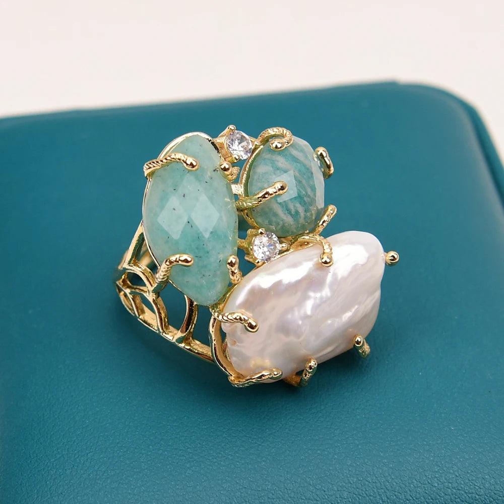 Pearl & Amazonite Adjustable Ring