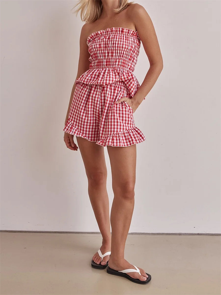 Picnic Plaid Off-Shoulder and Ruffled Set