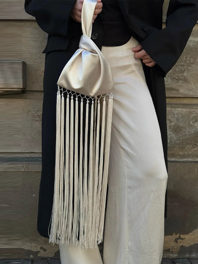 Satin Long Tassel Handbag – ivory – satin finish