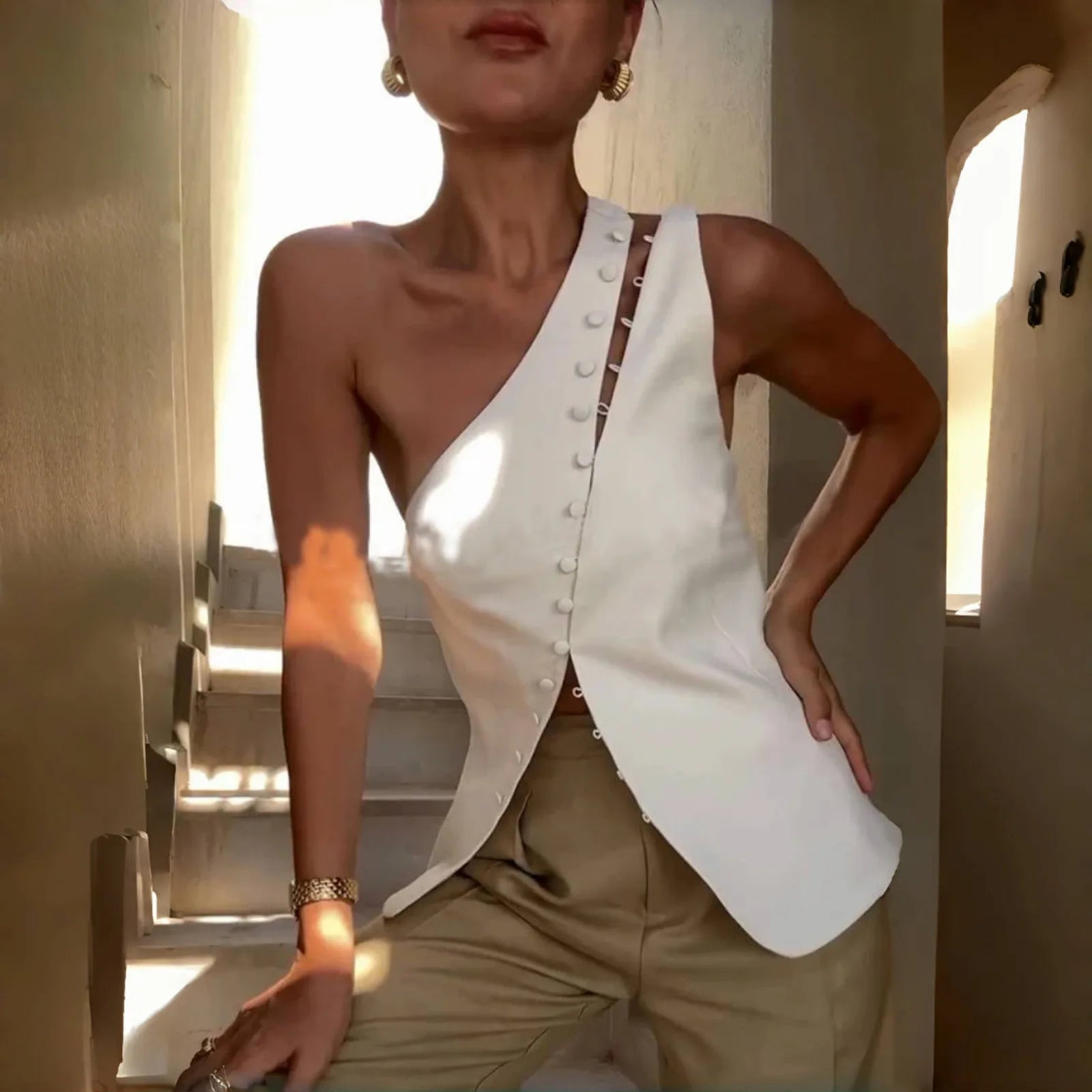 Wendy Asymmetrical Vest Top — shirts & tops in black — additional view