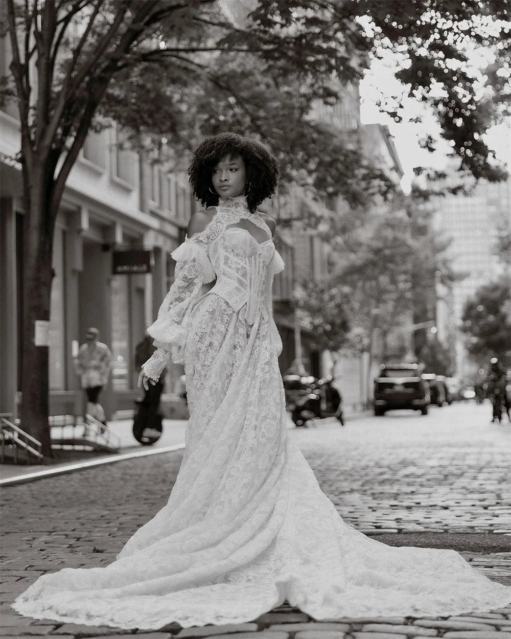 Seraphine Puff-Sleeve Lace A-Line Bridal Gown — wedding dresses in white lace detail — additional view