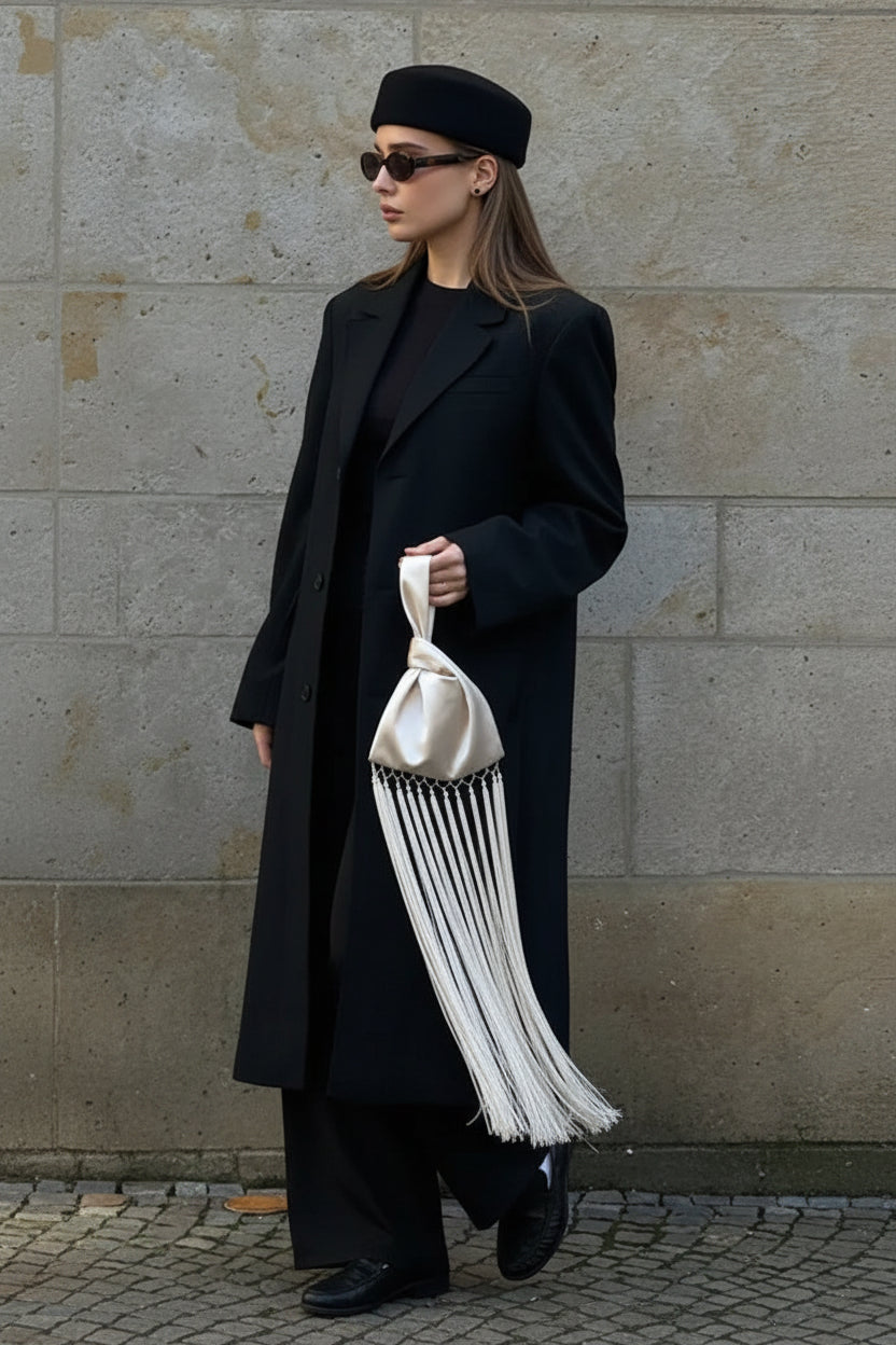 Satin Long Tassel Handbag – ivory – satin finish