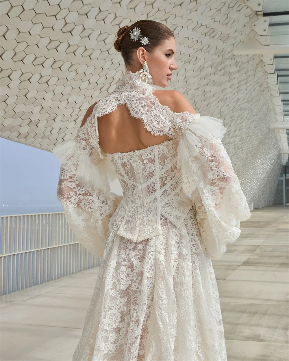 Seraphine Puff-Sleeve Lace A-Line Bridal Gown — wedding dresses in white lace detail — front view