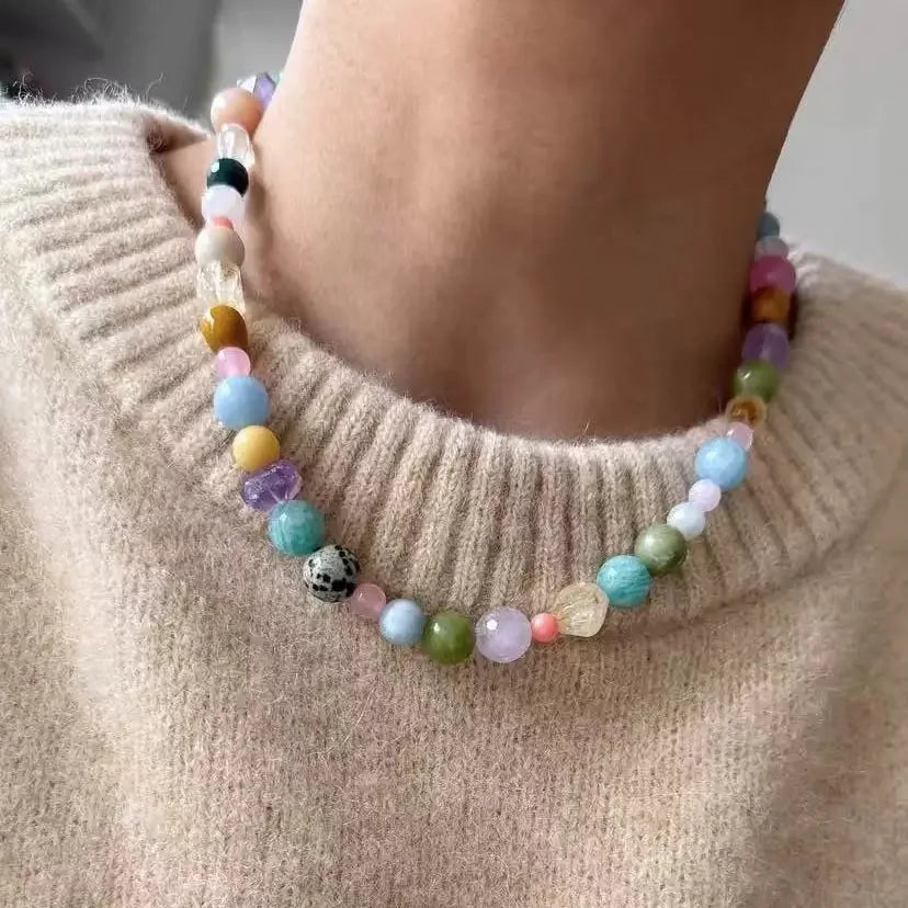 Spring Natural Stone Sweater Necklace in multicolor