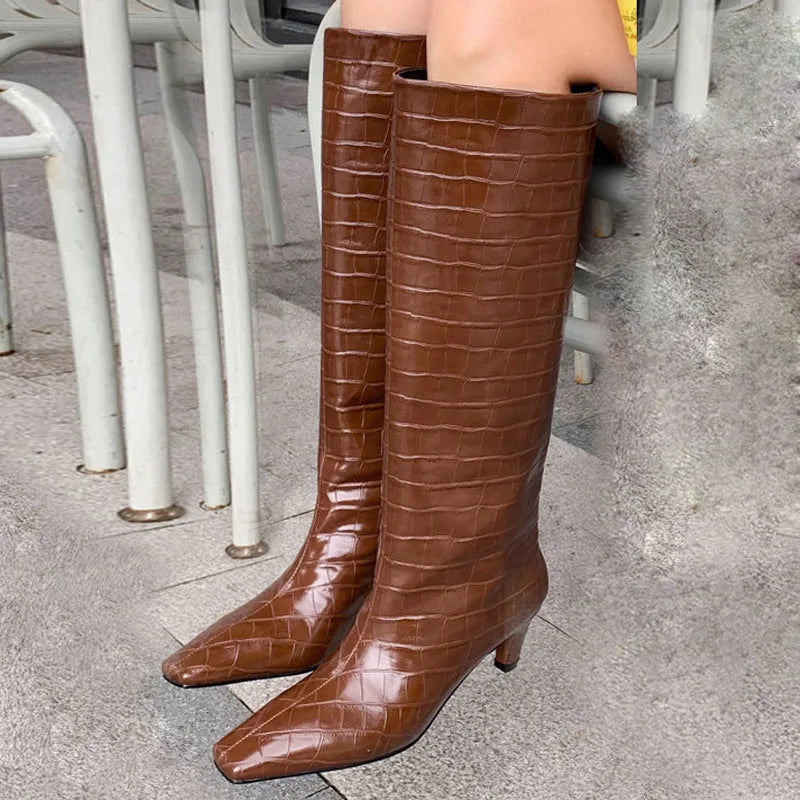 Stone Grain Knee High Boots in brown