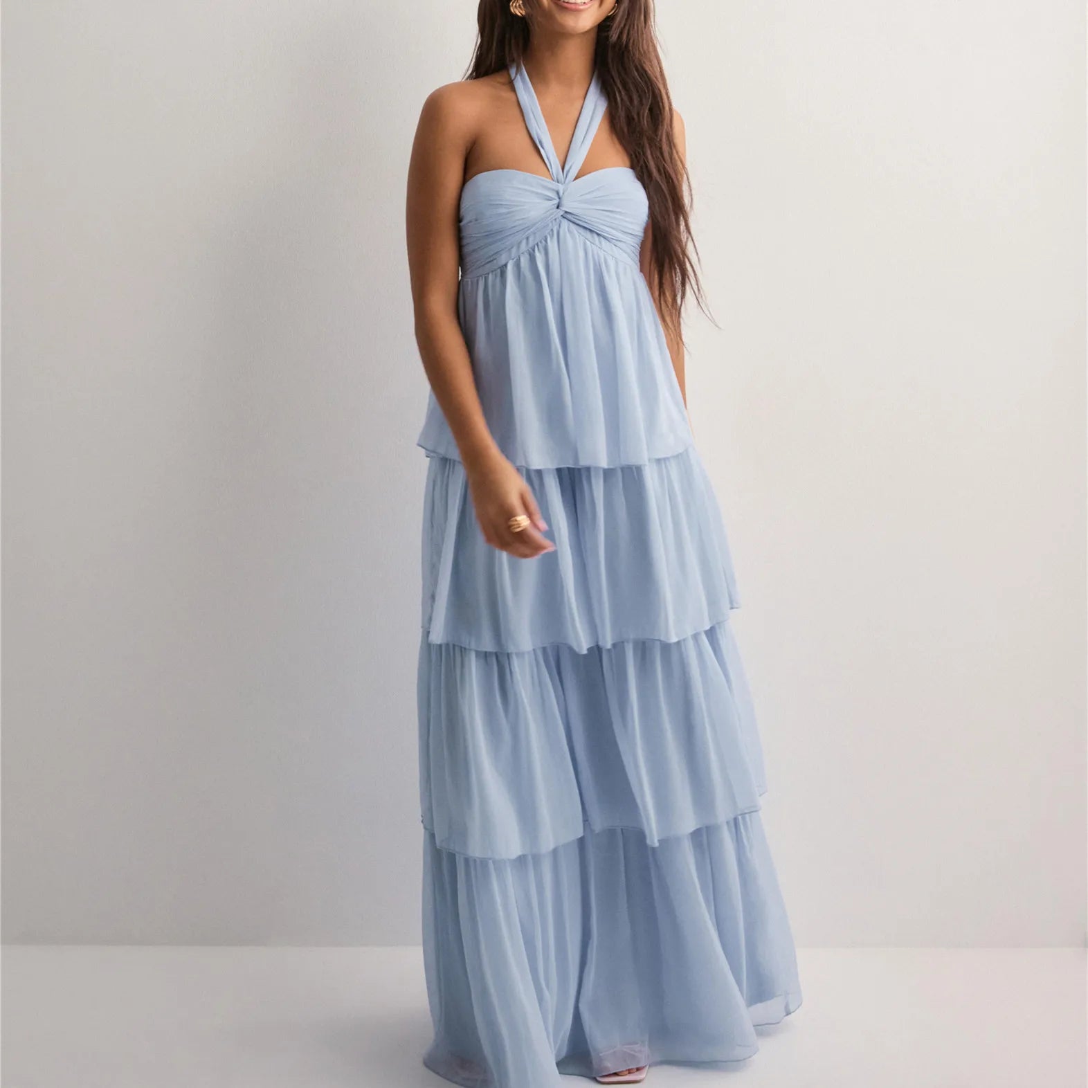 Full length view of woman wearing Jenny strapless tiered dress