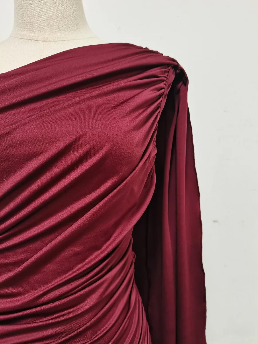 Amy One Shoulder Sheer Cape Dress – wine – sheer finish