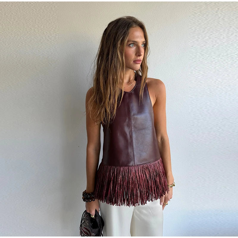 Lucy Faux Leather Fringe Halter Top – wine – fringe detail