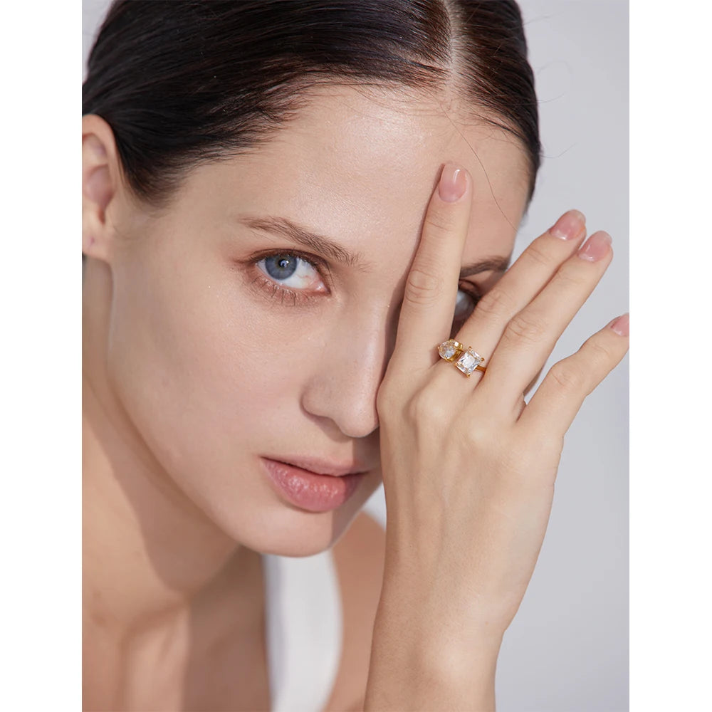 Double Stone Adjustable Open Ring — rings in pink — front view